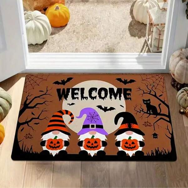 1pc Pumpkin Gnome Halloween Pattern Printed Doormat, Plush Crystal Velvet Mat For Indoor Outdoor Entrance, Living Room, Bedroom, Kitchen, Bathroom, Patio, Home Decor, Holiday Decoration