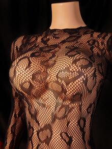 1pc Women's Sexy Lingerie Fishnet Bodystocking, Solid Leopard Print Sheer Long Sleeve Backless Bodysuit, Bikini Cover Up Sexy Romper Without Lining, Sexy Party Costume For Valentine's Day - Black - View 6