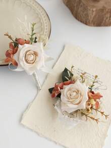 Conjunto de 2 peças de flores artificiais laranja queimado com toque realista: boutonnière e corsage de pulso para casamento boho de outono. Corsage de pulso para noiva, boutonnière para noivo, flores artificiais para casamento/baile de formatura/festa de boas-vindas, etc. (Champagne, Laranja Queimado) Acessórios para o Dia dos Namorados - Ver 5