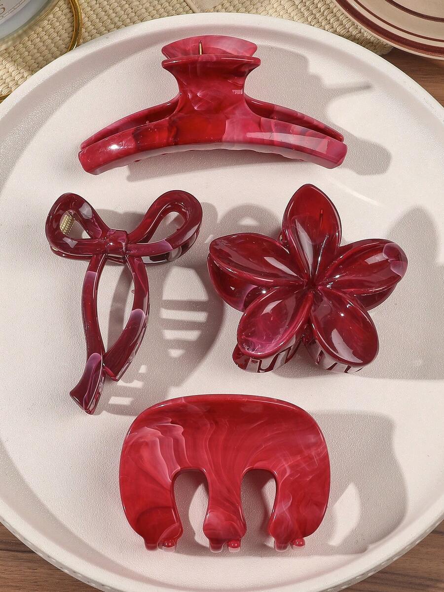 4 chiếc kẹp tóc hình hoa cúc nơ bằng chất liệu ABS kiểu Bohemian màu đỏ tía ngọt ngào, phụ kiện tóc đi biển, kẹp tóc hình hoa, phụ kiện tóc mùa thu, mùa đông cho trang phục đi nghỉ mát, mùa hè dành cho nữ - Nhiều màu - Xem 1