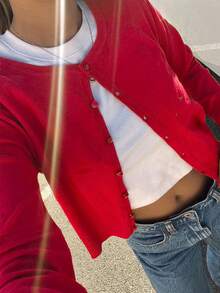 Cárdigan de punto para mujer de manga larga, cuello redondo, cierre con botones, detalles de punto acanalado, longitud regular, elástico, cárdigan rojo, suéter casual - Rojo - Ver 7