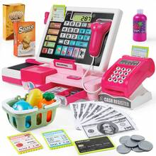 Juego de caja registradora de juguete con calculadora real, juego de tienda de juego, incluye escáner/tarjeta de crédito/dinero de juguete/juguetes de comida, juguetes de aprendizaje, regalos, para Halloween/Navidad