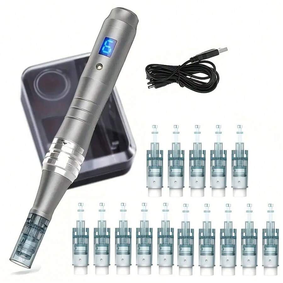 WanTogo Derma Pen M8W Wireless Skin Care Tool With 12pcs Cartridges Home Use Beauty Device For Women - Grey - View 1