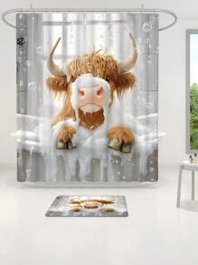 1/4 Pcs Cute Highland Cow Bathroom Set - Christmas Red Hat Shower Curtain, Bath Mat And Toilet Seat Cover - Adorable Farm Animal Design Bathroom Decor - Multicolor - View 19