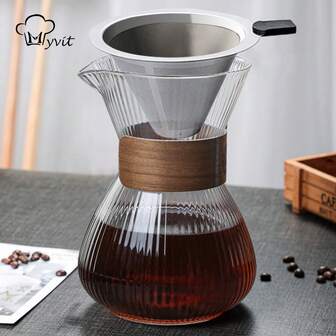 MYVIT 1pc Glass Coffee Pot, Heat Resistant Manual Drip Sharing Pot With Vertical Stripes And Spout, Comes With Filter
