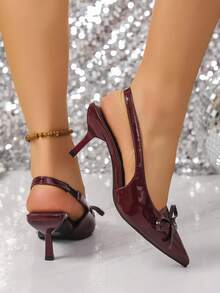 Sapato Mule de Salto Fino com Decoração em Laço, Estilo Francês de Bico Fechado Slip-On para Mulheres Plus Size