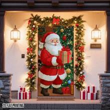 2D Door Curtain Banner, 1pc Large Santa Claus With Gift Decorative Tree - Easy Hanging Adhesive Design - No Electricity Needed - Durable Polyester Holiday Decor, Suitable For Front Door, Home, Office, Shop - Indoor Outdoor Christmas Party Decoration - Festive Atmosphere Door Hanging, Vivid Flat Pattern