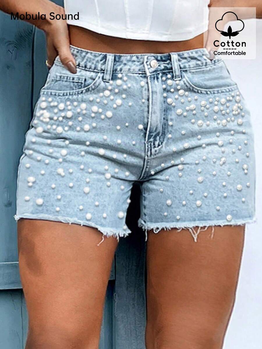 Quần short denim đính ngọc trai giả thời trang cỡ lớn dành cho nữ, thích hợp mặc vào mùa xuân/hè, mặc hàng ngày, tiệc sinh nhật, du lịch, biểu diễn sân khấu, sân bay - Màu xanh lam - Xem 1