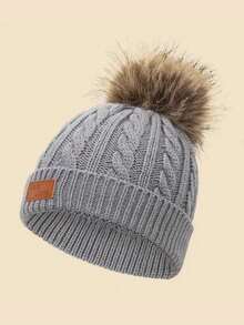 1pc Solid Color Baby Pom Pom Knit Hat With FAS JEANSPU Label, Cable Knit Design, Suitable For Autumn/Winter Daily Warmth And Cold Protection - 1PC - View 10