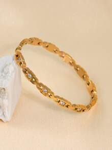 18K Gold Plated Stainless Steel Stackable Bangle Bracelet, Classic European & American Popular Chain And Four-Leaf Clover Lock Design, Cubic Zirconia Inlaid, Generous Personalized Luxury Gold Jewelry, Wedding Wrist Jewelry Set, Suitable For Girls, Women, Moms, Relatives, Friends, Beautiful Wedding, Birthday, Mother's Day, Girlfriend Valentine's Day Gift