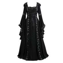 Medieval Retro Hooded Square Neck Solid Color Fine Lace Trumpet Sleeves Big Swing Dress, One Piece Hair Replacement - Màu Khaki - Xem 5