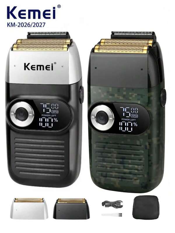 Kemei 1 pièce KM-2026/2027 Rasoir électrique pour hommes, rasoir professionnel pour le visage, rasoir à grille et alternatif, pour barbe sèche ou humide, rechargeable USB et accessoires de remplacement de lame de rasoir d'origine