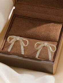 1 Set Stainless Steel Chain Bow Pendant Cubic Zirconia Necklace & Earrings Set For Women, Versatile Luxury Personalized Banquet Jewelry Gift, No Gift Box - Gold - View 3