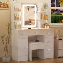 Tocador con espejo y luz LED, escritorio con 5 cajones y taburete - Perfect For Organizing Makeup, Skincare, Elegant Vanity|Decorative Vanity, Vanity Furniture, Compact For Small Space, Bedroom Decor Gift, Perfect Gift For Women Girls , Ideal para regalos de Navidad y Halloween. - Blanco - Ver 6