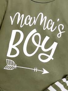 Baby Boy Blue Letter Print Long Sleeve Top, Striped Pants And Hat, Autumn/Winter - Green - View 5