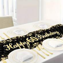 1pc 18 21 30 40 50 60 Years Old Happy Birthday Polyester Table Runner, 1pc Black & Gold Glitter Tablecloth, Birthday Party Decorations & 30 40 50 Anniversary Retirement Party Supplies, Suitable For Holiday Restaurant And Kitchen Decor, Also Can Be Used For Outdoor Theme Parties