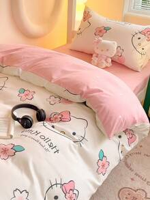 SANRIO 可爱印花 2/3 件床上用品套装 - ///（1 件羽绒被套 + 1/2 件枕套，无填充物）卡通全尺寸，柔软舒适，适合宿舍、家庭卧室、酒店、所有季节，带拉链开合和枕套，多色耐用，超大床上用品，超大羽绒被套套装 - 櫻花kt貓 - 查看 7