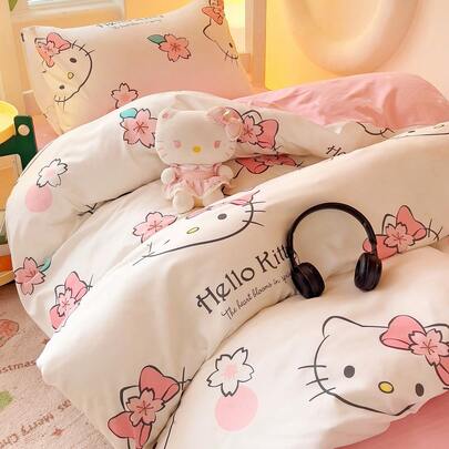 SANRIO 可爱印花 2/3 件床上用品套装 - ///（1 件羽绒被套 + 1/2 件枕套，无填充物）卡通全尺寸，柔软舒适，适合宿舍、家庭卧室、酒店、所有季节，带拉链开合和枕套，多色耐用，超大床上用品，超大羽绒被套套装