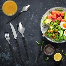 48-Piece Luxury Flatware Set For 8 - 8 Dinner Forks, 8 Knives, 8 Spoons, 16 Teaspoons & 8 Salad Forks - Premium 430 Stainless Steel With Black PP Handles - Dishwasher Modern Cutlery Set