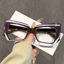 Cat Eye Glasses Gradient Color Frame Transparent Lens Computer Glasses Color Block Women's Fashion Glasses Street Style - 灰紫色 - 查看 13