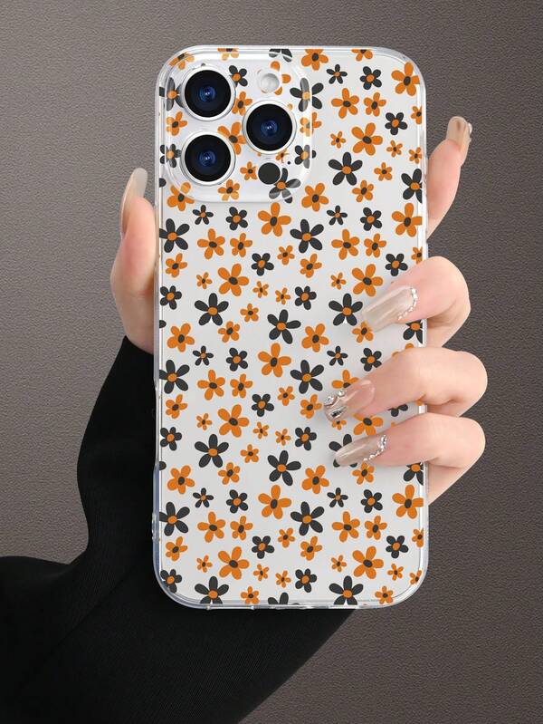 1pc Orange & Black Floral Pattern Transparent Phone Case, Fashionable Minimalist Design With Full Lens Protection, Compatible With IPhone 16/15/14/13/12/11 Pro Max/X/XS/XS MAX/7/8/PLUS And Series, Great Gift For Coworkers, Friends, Family, Couples, Birthdays, Holidays