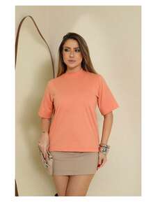 Zaara Inspired High Neck Cotton T-Shirts Plain Casual Striped T-Shirt Women's Blouse 100% Cotton T-Shirt Basic Fashion Tee - 珊瑚橙 - 查看 1