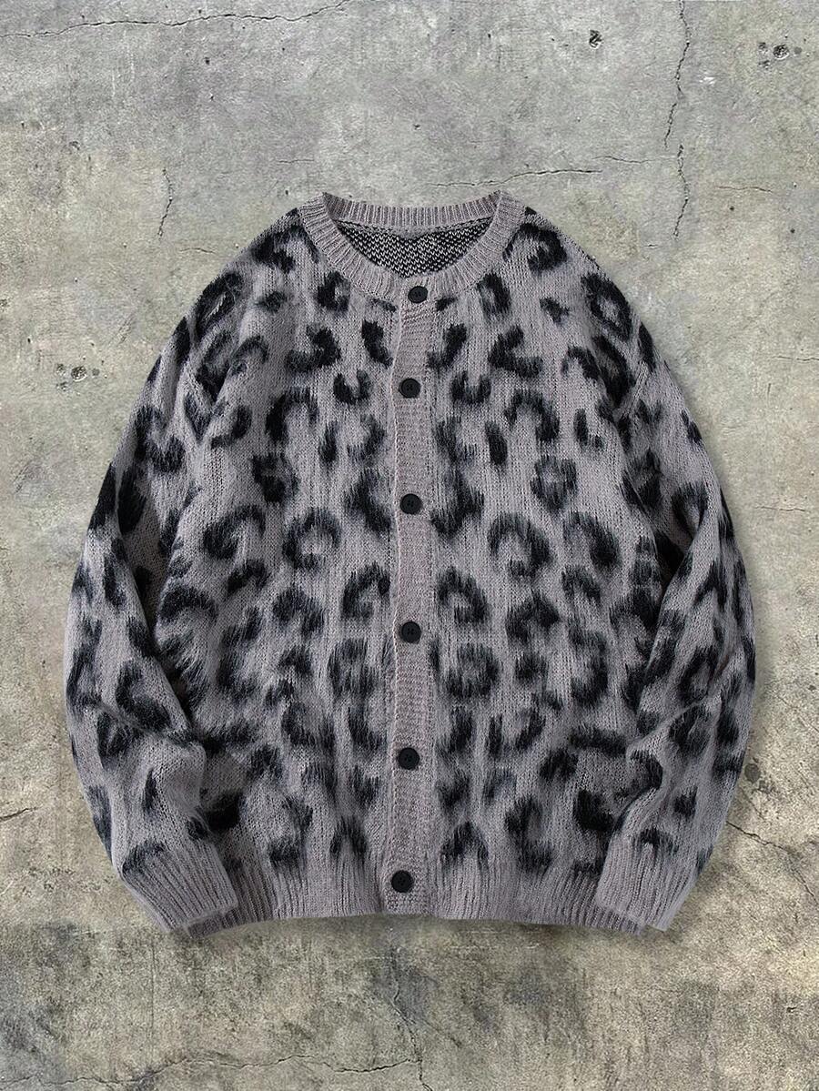 ANDREILEE Fashionable High Street Retro Leopard Print Long Sleeve Unisex Fluffy Warm Cardigan Sweater, Suitable For Spring, Autumn, Winter - Grey - View 1