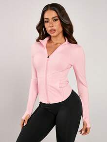 NcmRyu 1 Áo khoác thể thao tay dài có khóa kéo thời trang dành cho nữ, màu trơn co giãn ôm vừa vặn, tôn dáng, áo khoác tay dài mềm mại và thoải mái dành cho nữ - Hồng - Xem 10