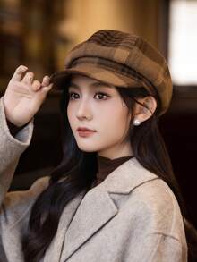 1pc Women's Autumn Beret Hat, Plaid Cloud Pattern, Casual Elegant Street Style Fashion, Versatile For Outdoor, Gathering, Cycling, Travel, Party, Daily Wear, Suitable For Autumn - MM2273 - View 3