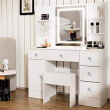 Tocador con taburete y luz LED ajustable, espejo y cajón - Perfect For Organizing Makeup, Skincare, Elegant Vanity|Decorative Vanity, Vanity Furniture, Compact For Small Space, Bedroom Decor Gift, Perfect Gift For Women Girls , Ideal para regalos de Navidad y Halloween. - Blanco - Ver 2