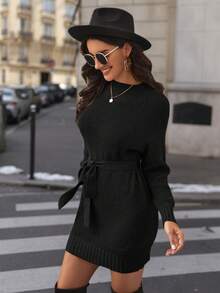 Women's Solid Color Round Neck Raglan Sleeve Casual Sweater Dress, Autumn/Winter - Black - View 9