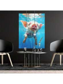 1 pieza Póster moderno, pintura en lienzo, cerdo, natación, pinturas para salas de estar, dormitorios y comedores, con marcos opcionales, obra de arte para pared, pinturas en lienzo y marcos reutilizables