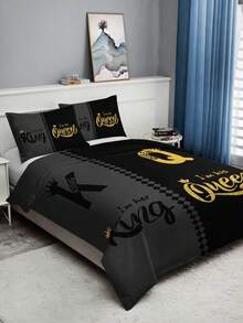 3pcs Bedding Set (1 Duvet Cover And 2 Pillowcases, Core And Pillow Not Included), Home Or Dorm, High Definition Printed Grey & Black Crown & Letter Pattern - Multicolor - View 5