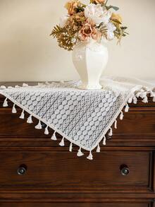 1 buc. Față de masă din dantelă bej, eșarfă pentru șemineu în stil boem, dreptunghiulară, model geometric minimalist, ciucuri bej, potrivită pentru dulapuri, bufete, față de masă lavabilă, decorativă pentru dormitor, bucătărie, sufragerie, petreceri, nunți, evenimente tematice, toate anotimpurile, decor de toamnă