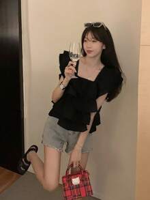 Áo nữ không tay cổ vuông, kiểu dáng thường ngày, xếp tầng, bèo nhún phía trước, cài nút, thích hợp cho mùa xuân/hè. - màu đen - Xem 5