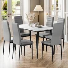 Dining Table And Chairs Set Of 6, 120CM Marble Effect Dining Table With 6 Faux Leather High Back Dining Chairs,Modern Dining Table Set For Home/Kitchen Office - White Table and 6 Grey Chairs - View 3