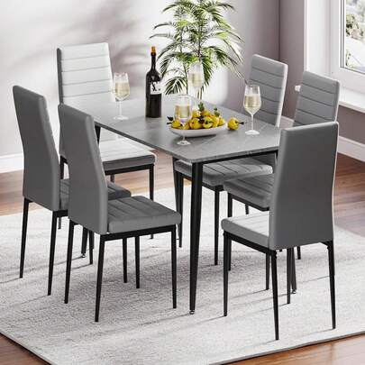 Dining Table And Chairs Set Of 6, 120CM Marble Effect Dining Table With 6 Faux Leather High Back Dining Chairs,Modern Dining Table Set For Home/Kitchen Office