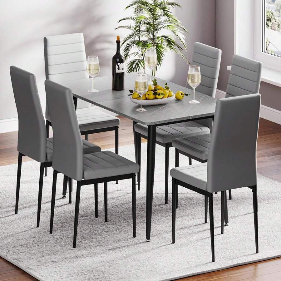 Dining Table And Chairs Set Of 6, 120CM Marble Effect Dining Table With 6 Faux Leather High Back Dining Chairs,Modern Dining Table Set For Home/Kitchen Office