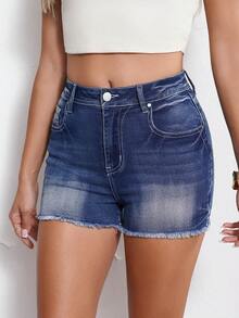 Denim Shorts Women Summer Mid Rise Button Ripped Jeans Western Stretchy Vacation Jeans Shorts With Pocket