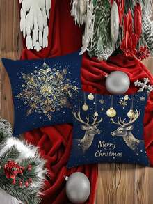 4 Stücke, einseitig bedruckter Kissenbezug, Blau und Gold Weihnachtsthema Schneeflocken und Glocken Serie Kissenbezug Set, 40x40cm/45x45cm/50x50cm, Heimdekoration Kissenbezug geeignet für Wohnzimmer Sofa und Schlafzimmer, Kissenkern nicht enthalten - Blau - Übersicht 4