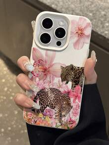 Fierce Animals 1pc Cute Vintage Floral & Leopard Print Textured Soft Protective Phone Case, Shockproof & Anti-Slip, Compatible With Apple, Phones