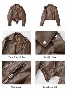 Women's Faux Leather Jacket, Long Sleeve Zip-Up Short Biker Jacket - Rust Brown - View 6