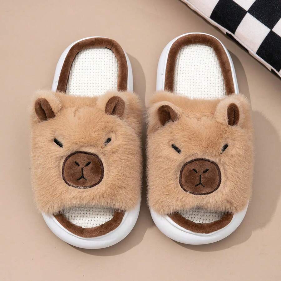 Zapatillas de casa con motivos de dibujos animados. Zapatillas de casa de estilo invernal para mujer. Zapatillas de casa de moda con motivos de capibaras. Zapatillas de casa planas. Zapatillas de casa de felpa corta y algodón. Zapatillas de casa cálidas para otoño e invierno. - Camel - Ver 1