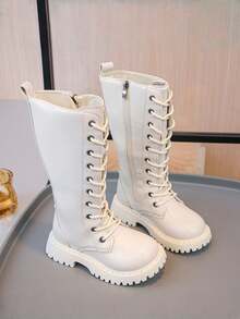 Girls Boots 2025 Autumn New Kids High-Top Boots Mid-Calf Casual Long Boots Non-Slip Flat Princess Boots Side Zipper Motorcycle Boots School Student Leather Boots - Beige - View 4