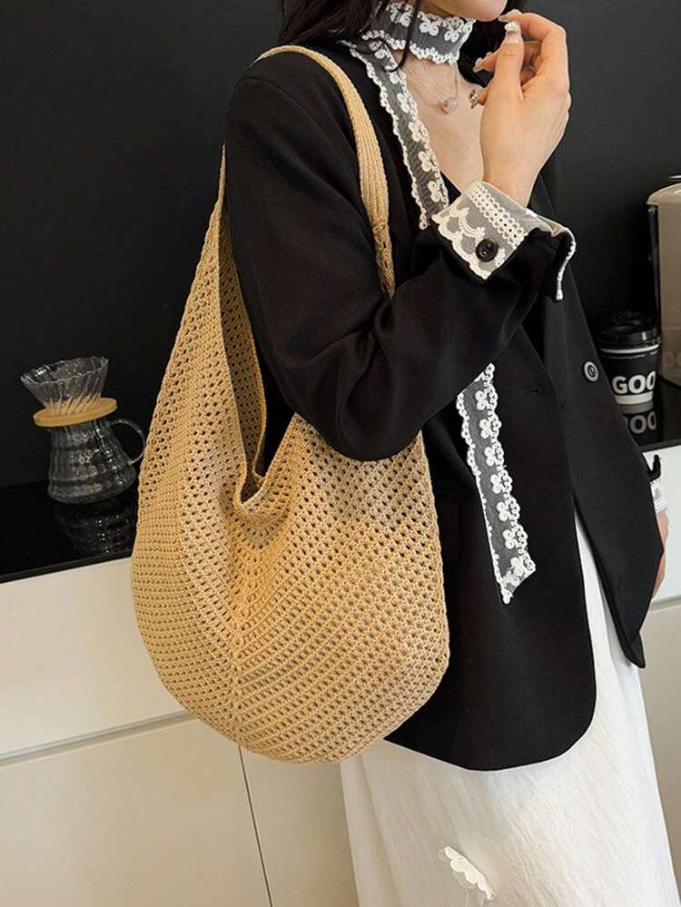 Túi tote móc len đeo vai dung tích lớn - Túi xách đan nhẹ, đa chức năng, màu be, hồng, nâu, đen, phù hợp cho du lịch, đi biển, kỳ nghỉ và sử dụng hàng ngày, túi tote cỡ lớn, túi đi biển. - Màu Khaki - Xem 5