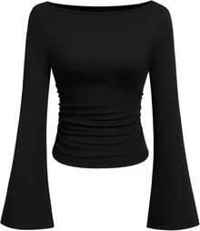 Womens Long Sleeve Shirts 2026 Spring Crop Going Out Tops Casual Boat Neck Sleeve Ribbed Ruched Y2K Clothes - Black - View 1