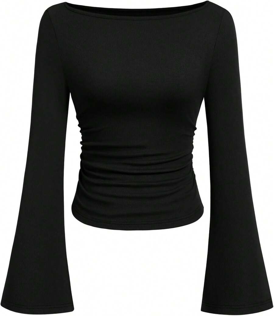 Womens Long Sleeve Shirts 2026 Spring Crop Going Out Tops Casual Boat Neck Sleeve Ribbed Ruched Y2K Clothes - Black - View 1