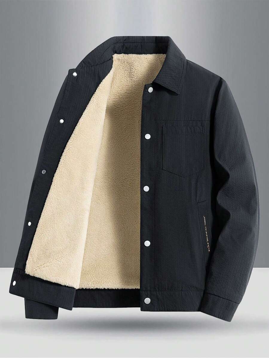 Jachetă căptușită termic pentru adolescenți, toamnă/iarnă, culoare uni minimalistă la modă, cu buzunar frontal, buzunare laterale clasice, accent imprimat cu litere, haină versatilă pentru exterior, casual, cu guler răsturnat - Negru - Vizualizare 1