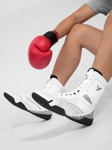 TACHUAN Sapatos de boxe profissionais de cano alto masculinos, botas de treino de luta livre, sapatos de kickboxing de Muay Thai, tênis de artes marciais fitness - Branco - Ver 4