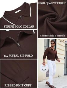 Men's Knit Shirt Long Sleeve Quarter Zip Sweater Casual Shirts Vintage Striped Collar - 焦糖 - 查看 9